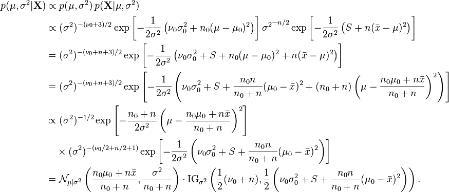\begin{align}
p(\mu,\sigma^2|\mathbf{X}) & \propto p(\mu,\sigma^2) \, p(\mathbf{X}|\mu,\sigma^2) \\
& \propto (\sigma^2)^{-(\nu_0+3)/2} \exp\left[-\frac{1}{2\sigma^2}\left(\nu_0\sigma_0^2 + n_0(\mu-\mu_0)^2\right)\right] {\sigma^2}^{-n/2} \exp\left[-\frac{1}{2\sigma^2} \left(S + n(\bar{x} -\mu)^2\right)\right] \\
&= (\sigma^2)^{-(\nu_0+n+3)/2} \exp\left[-\frac{1}{2\sigma^2}\left(\nu_0\sigma_0^2 + S + n_0(\mu-\mu_0)^2 + n(\bar{x} -\mu)^2\right)\right] \\
&= (\sigma^2)^{-(\nu_0+n+3)/2} \exp\left[-\frac{1}{2\sigma^2}\left(\nu_0\sigma_0^2 + S + \frac{n_0 n}{n_0+n}(\mu_0-\bar{x})^2 + (n_0+n)\left(\mu-\frac{n_0\mu_0 + n\bar{x}}{n_0 + n}\right)^2\right)\right] \\
& \propto (\sigma^2)^{-1/2} \exp\left[-\frac{n_0+n}{2\sigma^2}\left(\mu-\frac{n_0\mu_0 + n\bar{x}}{n_0 + n}\right)^2\right] \\
& \quad\times (\sigma^2)^{-(\nu_0/2+n/2+1)} \exp\left[-\frac{1}{2\sigma^2}\left(\nu_0\sigma_0^2 + S + \frac{n_0 n}{n_0+n}(\mu_0-\bar{x})^2\right)\right] \\
& = \mathcal{N}_{\mu|\sigma^2}\left(\frac{n_0\mu_0 + n\bar{x}}{n_0 + n}, \frac{\sigma^2}{n_0+n}\right) \cdot {\rm IG}_{\sigma^2}\left(\frac12(\nu_0+n), \frac12\left(\nu_0\sigma_0^2 + S + \frac{n_0 n}{n_0+n}(\mu_0-\bar{x})^2\right)\right).
\end{align}
