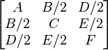 \begin{bmatrix}
A & B/2 & D/2 \\
B/2 & C & E/2 \\
D/2 & E/2 & F
\end{bmatrix} 