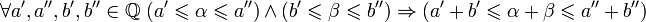 
\forall a', a'', b', b'' \in \mathbb{Q} \; (a' \leqslant \alpha \leqslant a'') \and (b' \leqslant \beta \leqslant b'') \Rightarrow (a' + b' \leqslant \alpha + \beta \leqslant a'' + b'')
