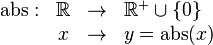  \begin{array}{rccl}
        \text{abs} : & \R & \to & \R^{+} \cup \{0\}  \\
        & x & \to & y = \text{abs}(x)
        \end{array} 