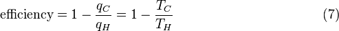 
\textrm{efficiency} = 1 - \frac{q_C}{q_H} = 1 - \frac{T_C}{T_H}\,\,\,\,\,\,\,\,\,\,\,\,\,\,\,\,\,\,\,\,\,\,\,\,\,\,\,\,\,\,\,\,\,\,\,\,\,\,\,\,\,\,\,\,\,\,\,\,\,\,\,\,\,\,\,\,\,\,\,\,\,\,\,\,\,(7)
