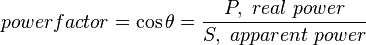 power factor =\cos\theta= \frac{P, \ real \ power}{S, \ apparent \ power}