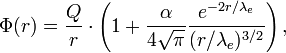 
\Phi(r) = \frac{Q}{r}\cdot\left(1+ \frac{\alpha}{4\sqrt{\pi}}\frac{e^{-2r/\lambda_e}}{(r/\lambda_e)^{3/2}}\right),
