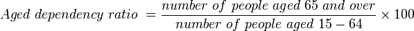 Aged\ dependency\ ratio\ = \frac{number\ of\ people\ aged\ 65\ and\ over} {number\ of\ people\ aged\ 15-64} \times 100  