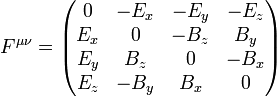 F^{\mu \nu} = \left( \begin{matrix}
0 & -E_x & -E_y & -E_z \\
E_x & 0 & -B_z & B_y \\
E_y & B_z & 0 & -B_x \\
E_z & -B_y & B_x & 0
\end{matrix} \right)
