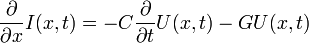 
\frac{\partial}{\partial x} I(x,t) =
-C \frac{\partial}{\partial t} U(x,t) - G U(x,t)
