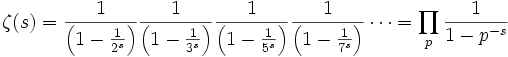 \zeta(s) = \frac{1}{\left(1-\frac{1}{2^s}\right)}\frac{1}{\left(1-\frac{1}{3^s}\right)} \frac{1}{\left(1-\frac{1}{5^s}\right)}\frac{1}{\left(1-\frac{1}{7^s}\right)} \cdots = \prod_{p} \frac{1}{1-p^{-s}}