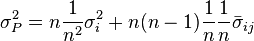  \sigma^2_P = n \frac{1}{n^2} \sigma^2_i + n(n-1) \frac{1}{n} \frac{1}{n} \bar{\sigma}_{ij}   