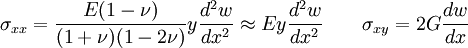 sigma_{xx} = frac{E(1-nu)}{(1+nu)(1-2nu)} yfrac{d^2 w}{dx^2} approx E yfrac{d^2 w}{dx^2} qquad sigma_{xy} = 2G frac{dw}{dx}