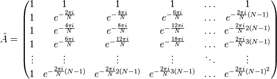 
\hat A = \begin{pmatrix}
1	&1	&1	&1	&\ldots	&1 \\
1	&e^{-\frac{2\pi i}{N}}	&e^{-\frac{4\pi i}{N}}	&e^{-\frac{6\pi i}{N}}	&\ldots	&e^{-\frac{2\pi i}{N}(N-1)}\\
1	&e^{-\frac{4\pi i}{N}}	&e^{-\frac{8\pi i}{N}}	&e^{-\frac{12\pi i}{N}}	&\ldots	&e^{-\frac{2\pi i}{N}2(N-1)}\\
1	&e^{-\frac{6\pi i}{N}}	&e^{-\frac{12\pi i}{N}}	&e^{-\frac{18\pi i}{N}}	&\ldots	&e^{-\frac{2\pi i}{N}3(N-1)}\\
\vdots	&\vdots	&\vdots	&\vdots	&\ddots	&\vdots\\
1	&e^{-\frac{2\pi i}{N}(N-1)}	&e^{-\frac{2\pi i}{N}2(N-1)}	&e^{-\frac{2\pi i}{N}3(N-1)}	&\ldots	&e^{-\frac{2\pi i}{N}(N-1)^2}
\end{pmatrix}
