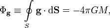 \Phi_\mathbf{g}
\equiv
\oint\limits_S\mathbf{g}\cdot\mathrm{d}\mathbf{S}
=-4\pi G M,