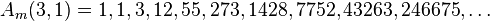 A_m (3,1) = 1, 1, 3, 12, 55, 273, 1428, 7752, 43263, 246675, \ldot'oj