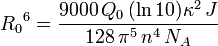  {R_0}^6 = \frac{9000\,Q_0 \,(\ln 10) \kappa^2 \, J}{128 \, \pi^5 \,n^4 \, N_A} 