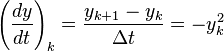 \left (\frac {
dy}
{
dt}
\right) _k = \frac {
i_ {
k+1}
- i_k}
{
\Delta t}
= - i_k^2