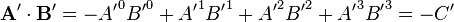 \matbf {
A}
'\cdot\matbf {
B}
'= - {
A'}
^ 0 {
B'}
^ 0-+ {
A'}
^ 1 {
B'}
^ 1-+ {
A'}
^ 2 {
B'}
^ 2-+ {
A'}
^ 3 {
B'}
^ 3 = - c'