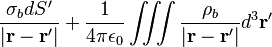 \frac {
\sigma_b Ds'}
{
|
\bold {
r}
\bold {
r}
'|
}
+ \frac {
1}
{
4\pi\epsilon_0}
\int\frac {
\rho_b}
{
|
\bold {
r}
\bold {
r}
'|}
d^3\bold {
r '}