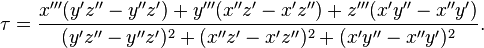 \taŭ = \frac {
x' '' (i'z '' - y' 'z ')
+ y' '' (x' 'z'-x'z '') + z' '' (ks'y '' - x' 'y')}
{
(i'z '' - y' 'z')^ 2-+ (x' 'z'-x'z '')^ 2-+ (ks'y '' - x' 'y')^ 2}
.