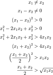  begin{align} x_1 & ne x_2 \[3pt] x_1 - x_2 & ne 0 \[3pt] left( x_1 - x_2 right) ^2 & > 0 \[3pt] x_1^2 – 2 x_1 x_2 + x_2^2 & > 0 \[3pt] x_1^2 + 2 x_1 x_2 + x_2^2 & > 4 x_1 x_2 \[3pt] left( x_1 + x_2 right) ^2& > 4 x_1 x_2 \[3pt] Bigl( frac{x_1 + x_2}{2} Bigr)^2 & > x_1 x_2 \[3pt] frac{x_1 + x_2}{2} & > sqrt{x_1 x_2} end{align} “></dd>
</dl>
<p>điều phải chứng minh.</p>
<p><strong>d. Trường hợp <em>n</em> = 2<sup><em>k</em></sup></strong></p>
<p>Xem xét các trường hợp <em>n</em>= 2 <sup><em>k</em></sup>, với <em>k</em> là một số nguyên dương. Chúng tôi tiến hành bằng quy nạp toán học.</p>
<p>Trong trường hợp cơ bản,<em>k</em> = 1, tức <em>n</em> = 2, bất đẳng thức đã được chứng minh ở trên.</p>
<p>Khi, có một giá trị <em>k</em>> 1 bất kỳ, giả sử rằng bất đẳng thức đúng với <em>n</em> = 2<sup><em>k</em>−1</sup>, và cần chứng minh rằng nó vẫn đúng khi <em>n</em> = 2<sup><em>k</em></sup>. Để làm như vậy, các bước được thực hiện như sau:</p>
<dl>
<dd><img style=