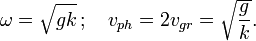
\omega = \sqrt{gk}\,;\quad v_{ph} = 2 v_{gr} = \sqrt{{g\over k}}. 
