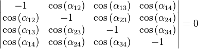 \begin{vmatrix}  -1 & \cos{(\alpha_{12})} & \cos{(\alpha_{13})} & \cos{(\alpha_{14})}\\
\cos{(\alpha_{12})} & -1 & \cos{(\alpha_{23})} & \cos{(\alpha_{24})} \\
\cos{(\alpha_{13})} & \cos{(\alpha_{23})} & -1 & \cos{(\alpha_{34})} \\
\cos{(\alpha_{14})} & \cos{(\alpha_{24})} & \cos{(\alpha_{34})} & -1 \\ \end{vmatrix} = 0\,