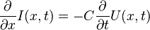 
\frac{\partial}{\partial x} I(x,t) =
-C \frac{\partial}{\partial t} U(x,t)
