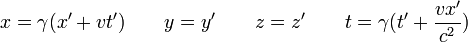 
\qquad
x = \gamma (x' + vt')
\qquad
y = y'
\qquad
z = z'
\qquad
t = \gamma (t' + \frac{vx'}{c^2})
