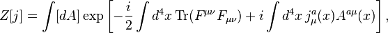 Z[j]=\int [dA]\exp\left[- \frac{i}{2} \int d^4x\operatorname{Tr}(F^{\mu \nu} F_{\mu \nu})+i\int d^4x \, j^a_\mu(x)A^{a\mu}(x)\right] ,