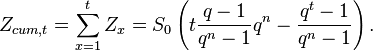 Z_{cum,t} = sum_{x=1}^{t} Z_x = S_0 left(t frac{q - 1}{q^n - 1}q^n - frac{q^t - 1}{q^n - 1}right).