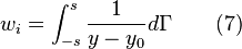 w_ {
mi}
\int _ {
- s}
^ {
s}
{
\frac {
1}
{
y-y_ {
0}
}
}
d\Gamma \kvad (7)