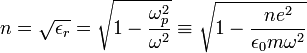 n=\sqrt{\epsilon_r}=\sqrt{1-\frac{\omega_{p}^2}{\omega^2}}\equiv\sqrt{1-\frac{ne^2}{\epsilon_0 m \omega^2}}