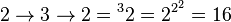 2\rightarrow3\rightarrow2 = {
}
^32 = 2^ {
2^2}
= 16