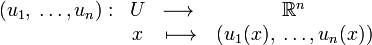 \begin{matrix} (u_{1}, \; \dots, u_{n}) : & {U} & \longrightarrow{} & \mathbb{R}^{n} \\ & x & \longmapsto & (u_{1}(x), \; \dots, u_{n}(x)) \end{matrix}