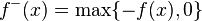 f^-(x) = \max\{-f(x), 0\}\,