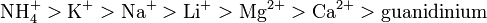 
\mathrm{NH_{4}^{+} > K^{+} > Na^{+} > Li^{+} > Mg^{2+} > Ca^{2+} > guanidinium}
