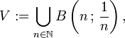 V:=\bigcup_{n \in \mathbb{N}} B\left(n\,;\,\frac{1}{n}\right),