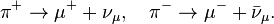 \pi ^{+}\to \mu ^{+}+\nu _{\mu },~~~\pi ^{-}\to \mu ^{-}+{\bar {\nu }}_{\mu }.