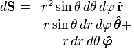 \begin{matrix}
d\mathbf{S} = & r^2 \sin\theta \,d\theta \,d\varphi \,\mathbf{\hat r} + \\
& r\sin\theta \,dr\,d\varphi \,\boldsymbol{\hat \theta} + \\
& r\,dr\,d\theta\,\boldsymbol{\hat \varphi}
\end{matrix}