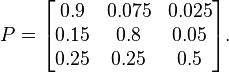 P = \begin{bmatrix}
0.9 & 0.075 & 0.025 \\
0.15 & 0.8 & 0.05 \\
0.25 & 0.25 & 0.5
\end{bmatrix}.