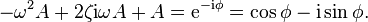 \,\! -\omega^2 A + 2 \zeta \mathrm{i} \omega A + A = \mathrm{e}^{-\mathrm{i} \phi} = \cos\phi - \mathrm{i} \sin\phi . 