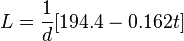 L = \frac{1}{d}[194.4 - 0.162t]