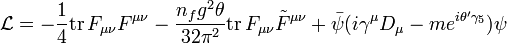 {\mathcal L} = -\frac{1}{4} {\mathrm {tr}\,} F_{\mu\nu}F^{\mu\nu}-\frac{n_f g^2\theta}{32\pi^2}
{\mathrm {tr}\,}F_{\mu\nu}\tilde F^{\mu\nu}+\bar \psi(i\gamma^\mu D_\mu - m
e^{i\theta'\gamma_5})\psi