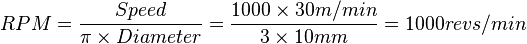 RPM = {
Rapidec\over \pi \times Diameter}
= {
1000 \times 30-m/min \over 3 \time'oj 10 mm}
= {
1000 rivoluoj/min.}