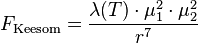  F_\text{Keesom} = \frac{\lambda (T) \cdot \mu_1^2 \cdot \mu_2^2}{r^7}\, 