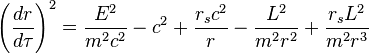 
\left( \frac{dr}{d\tau} \right)^{2} = 
\frac{E^{2}}{m^{2}c^{2}} - c^{2} + \frac{r_{s}c^{2}}{r} - 
\frac{L^{2}}{m^{2} r^{2}} + \frac{r_{s} L^{2}}{m^{2} r^{3}}
