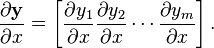 \frac{\partial \mathbf{y}}{\partial x} = \left[\frac{\partial y_1}{\partial x}\frac{\partial y_2}{\partial x}\cdots\frac{\partial y_m}{\partial x}\right].