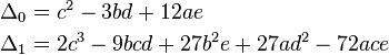 \begin{align}
\Delta_0 &= c^2 - 3bd + 12ae\\
\Delta_1 &= 2c^3 - 9bcd + 27b^2 e + 27ad^2 - 72ace
\end{align}