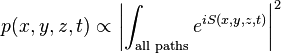 p(x,y,z,t) \propto \left\vert \int_{\text{all paths}} e^{i S(x,y,z,t)} \right\vert ^2 