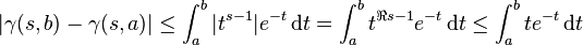 |
\gamma (s, b) \gamma (s,)|
\leq \int _ {
}
^ {
b}
|
t^ {
s}
|
e^ {
- t}
'\' 