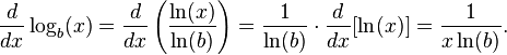 \frac{d}{dx}\log_b(x) = \frac{d}{dx} \left( \frac{\ln(x)}{\ln(b)} \right) = \frac{1}{\ln(b)} \cdot \frac{d}{dx}[\ln(x)] = \frac{1}{x\ln(b)}. 