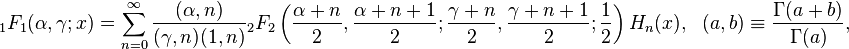 
{}_1F_1(\alpha,\gamma;x)=\sum_{n=0}^\infty \frac{(\alpha,n)}{(\gamma,n)(1,n)}{}_2F_2\left (\frac{\alpha+n}{2},\frac{\alpha+n+1}{2};\frac{\gamma+n}{2},\frac{\gamma+n+1}{2}; \frac{1}{2}\right )H_n(x),~~~(a,b)\equiv\frac{\Gamma (a+b)}{\Gamma(a)},
